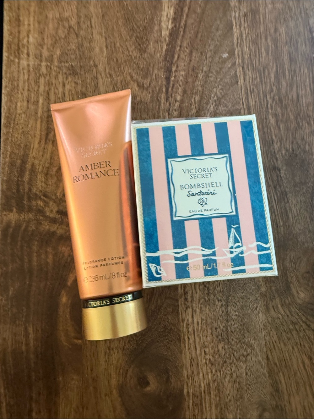 Victoria's Secret Amber Romance Lotion with Bombshell Striped Box - Peach & Blue